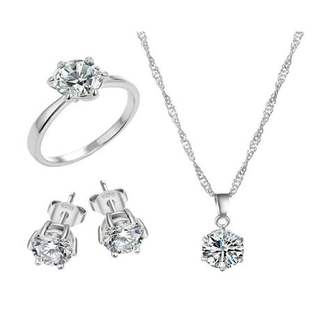 Pack de Joyas Shiny Crystal Collar Aretes y Anillo- Genieka. Plateado