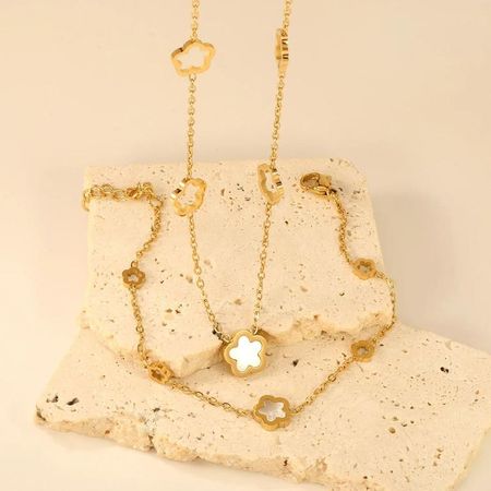 Set Collar y Pulsera Trébol Nácar Blanco Cadena Dorada Mujer Genieka