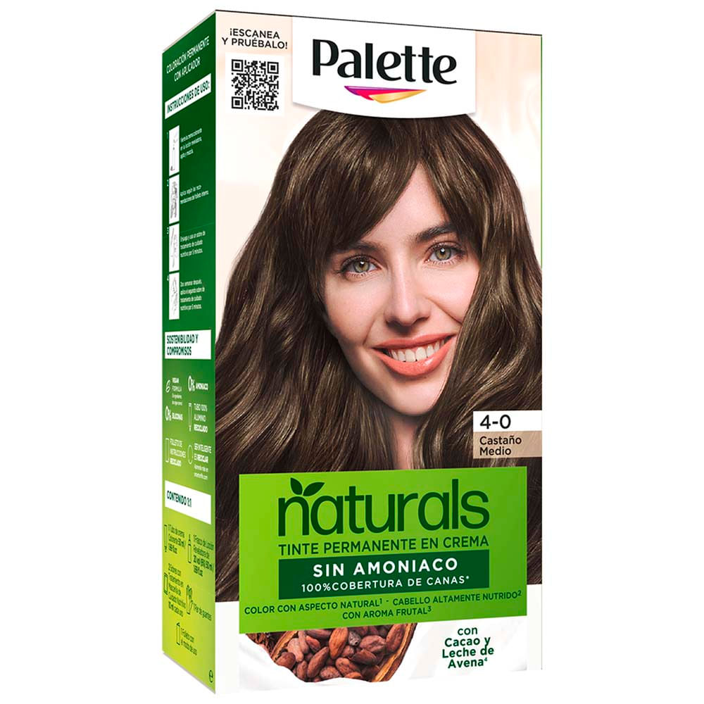 Tinte para Cabello sin Amoníaco PALETTE NATURALS Castaño Medio 4.0 Caja 1un