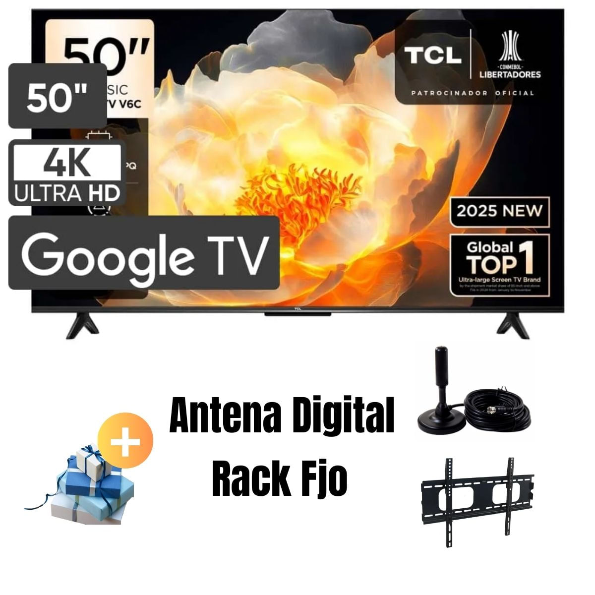 Televisor 50'' UHD 4K Google TV TCL 50V6C - Antena -  Rack fijo