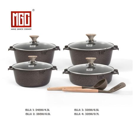 JUEGO DE OLLAS ROCA VOLCANICA DE 10 PIEZAS MGC CAFE