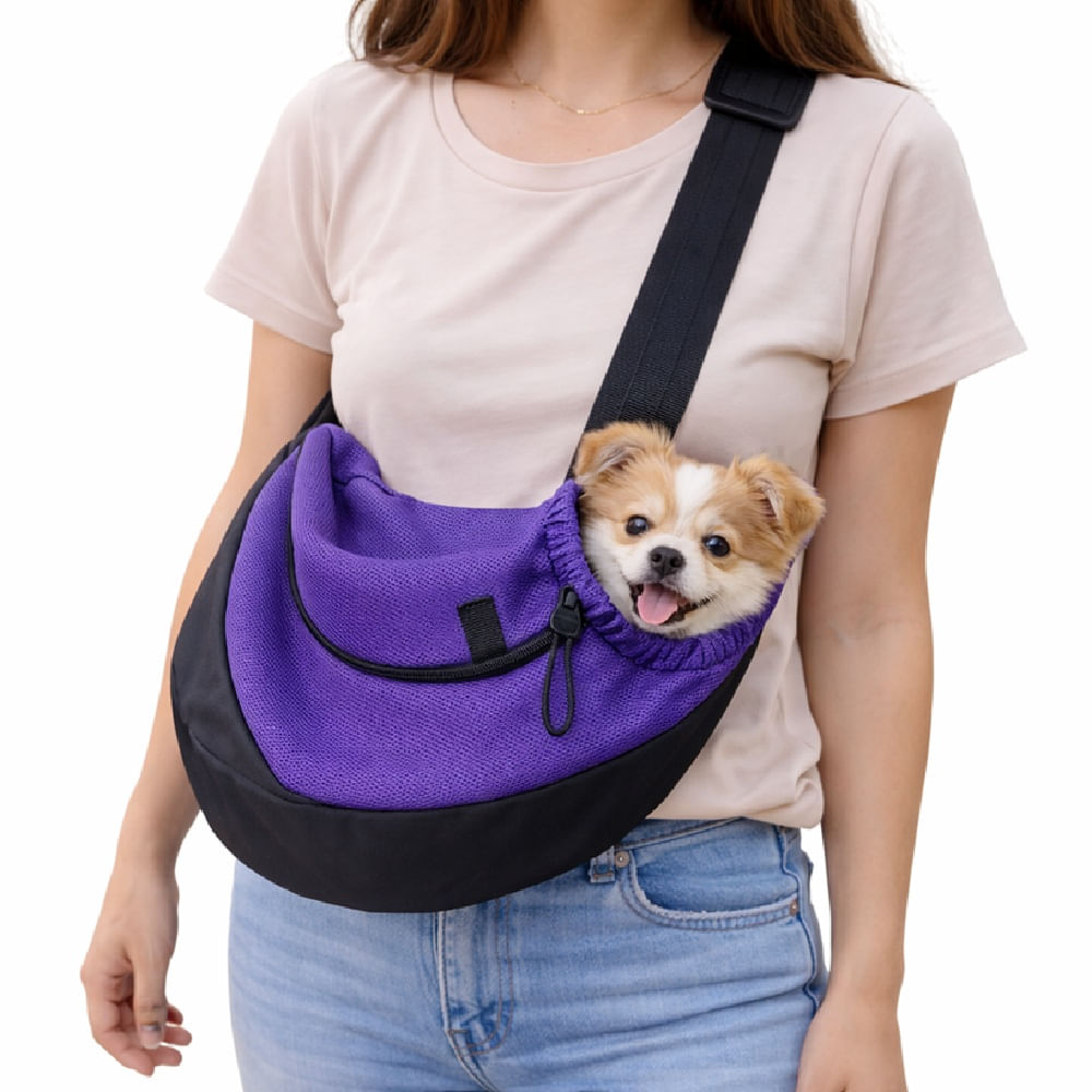 Bolso cruzado transportador para mascotas perros talla L lila