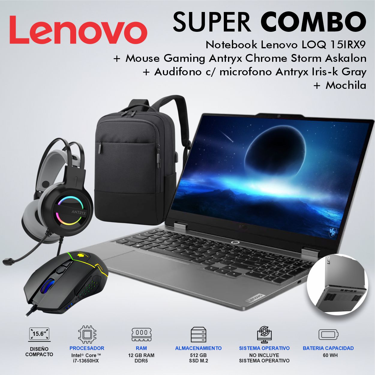 LAPTOP LENOVO LOQ 15IRX9 15.6 PULGADAS CORE I7-13650HX MEMORIA 12GB DISCO 512GB SSD M2 83DV00FHLM