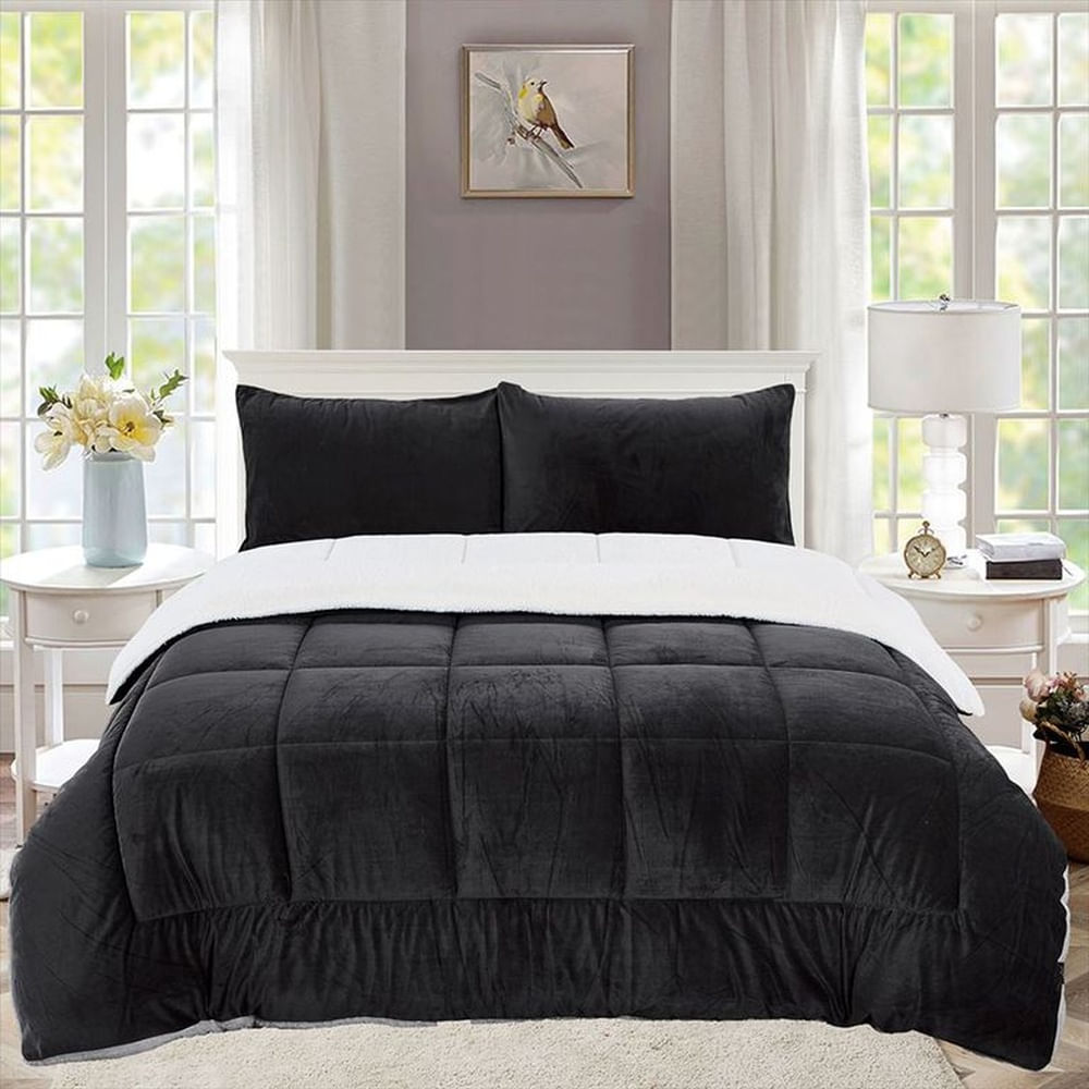 Edredón Queen Piel de Ángel con Sherpa Premium + Juego de Sábanas Negro