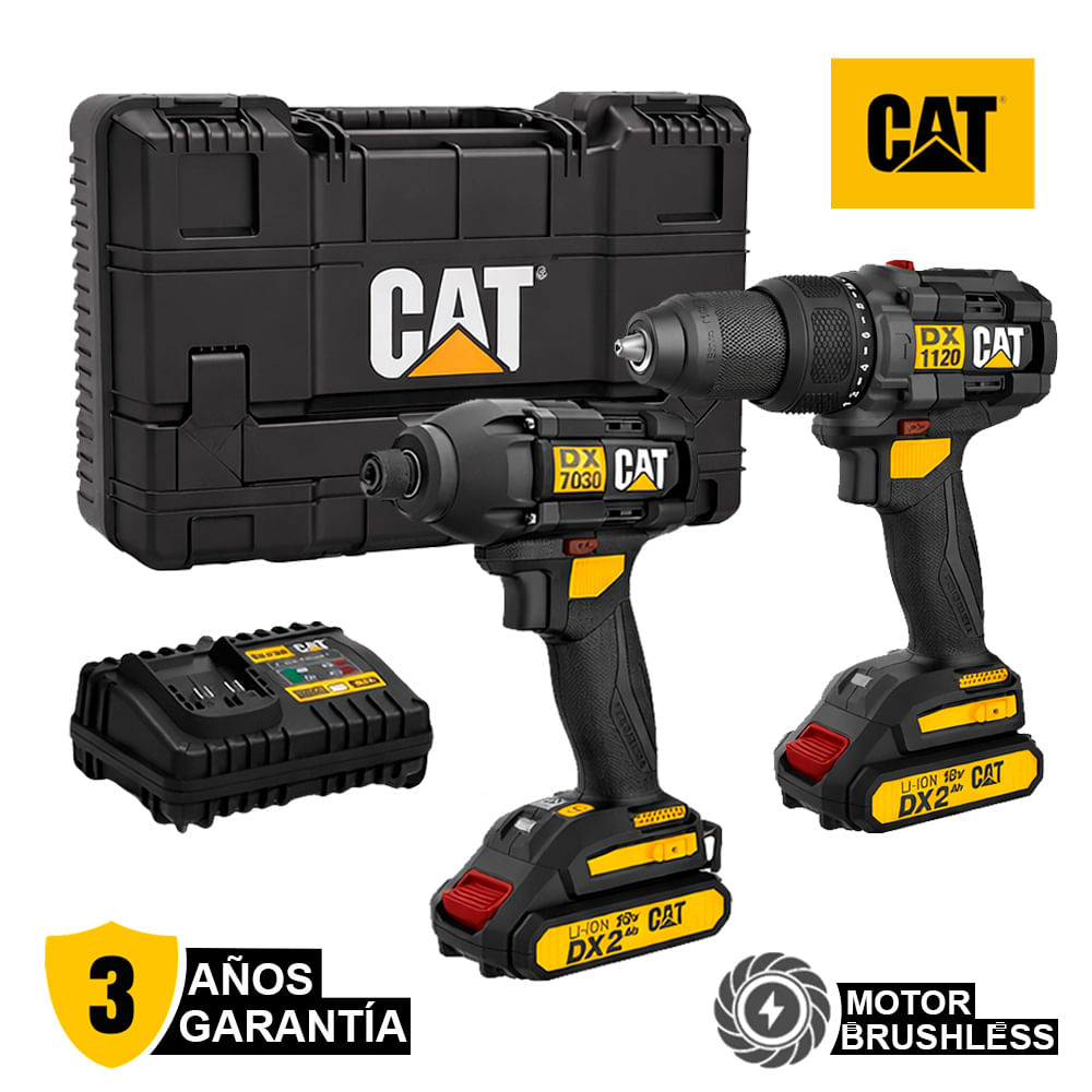 Combo 18V Taladro Percutor 13mm y Atornillador de Impacto 6.5mm  CAT DXK201 Brushless