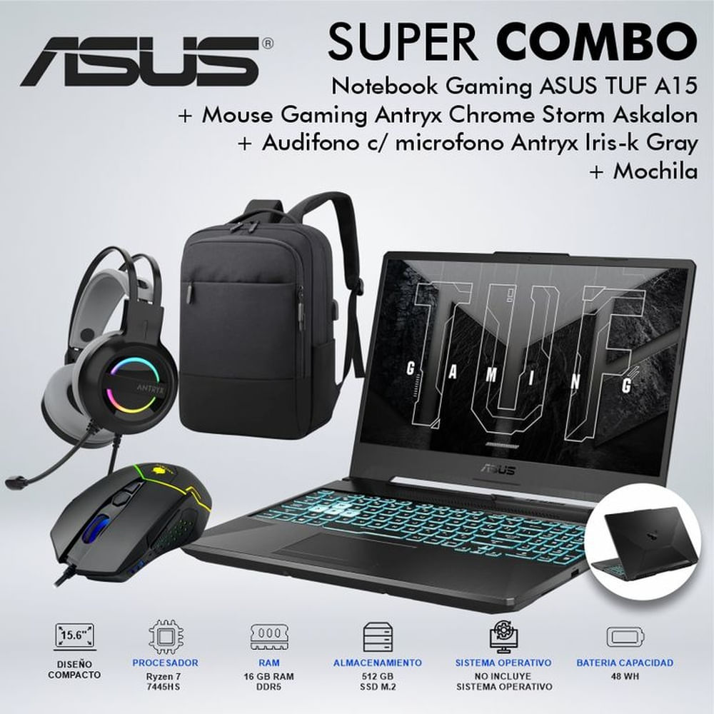 LAPTOP GAMING ASUS TUF A15 RYZEN 7 7445HS MEMORIA 16GB DISCO 512GB 90NR0JF7M00F40CDSPE