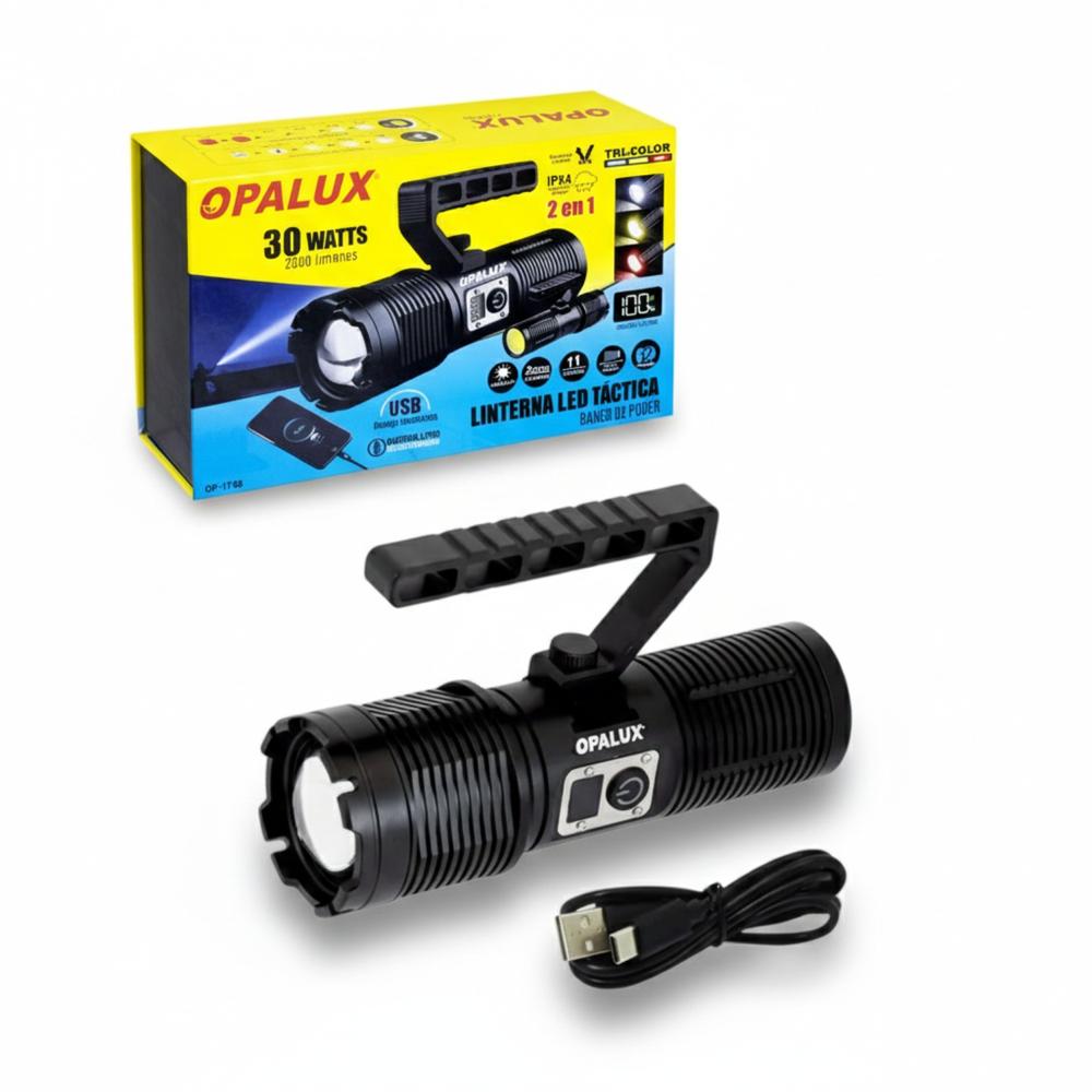 Linterna Táctica LED Opalux 30W - 2000 Lúmenes  Función Power Bank y Luz Tri-Color