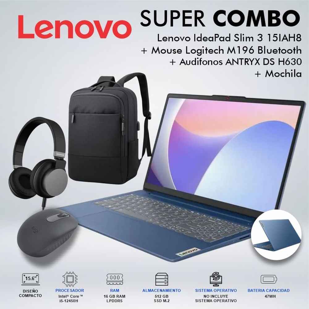 LAPTOP IDEAPAD SLIM 3 15IAH8 CORE i5-12450H MEMORIA 16GB DISCO 512GB SSD M2  83ER001DLMCDSPE