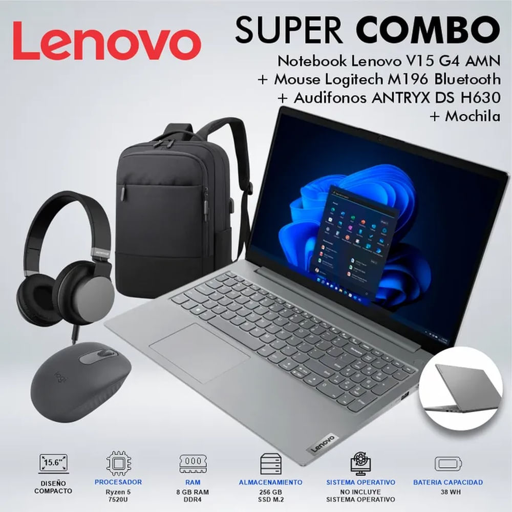 LAPTOP LENOVO V15 G4 AMN RYZEN 5 7520U MEMORIA 8GB DISCO 256GB SSD M2 82YU00X6LMCDSPE