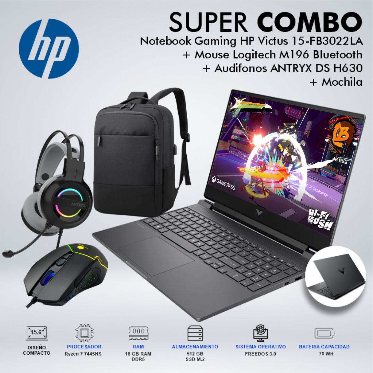 LAPTOP GAMING HP VICTUS 15-FB3022LA RYZEN 7 7445HS MEMORIA 16GB DISCO 512GB BT4F2LAABMCDSPE