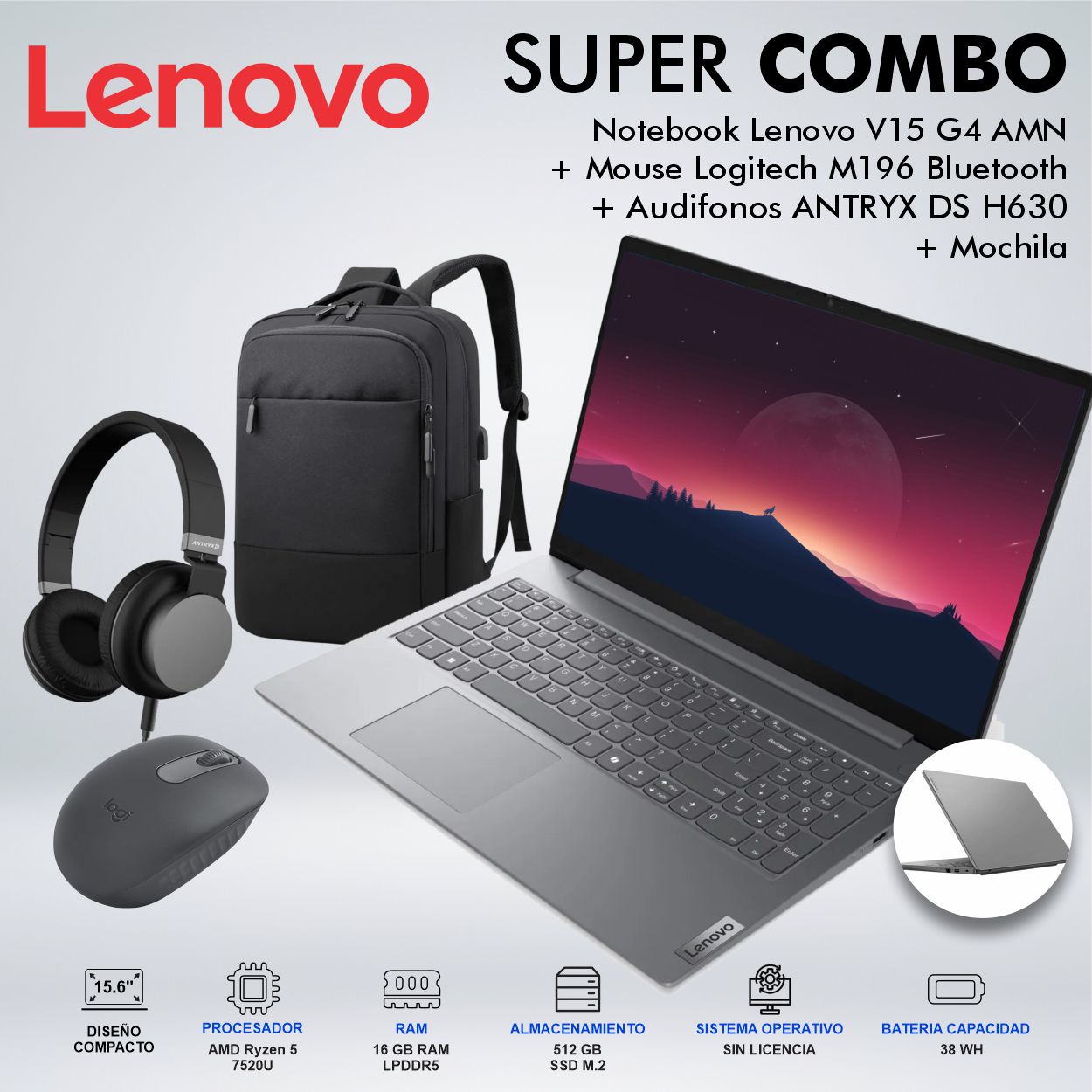 LAPTOP LENOVO V15 G4 AMD RYZEN 5 7520U MEMORIA 16GB DISCO 512GB SSD M2 82YU00XYLMCDSPE