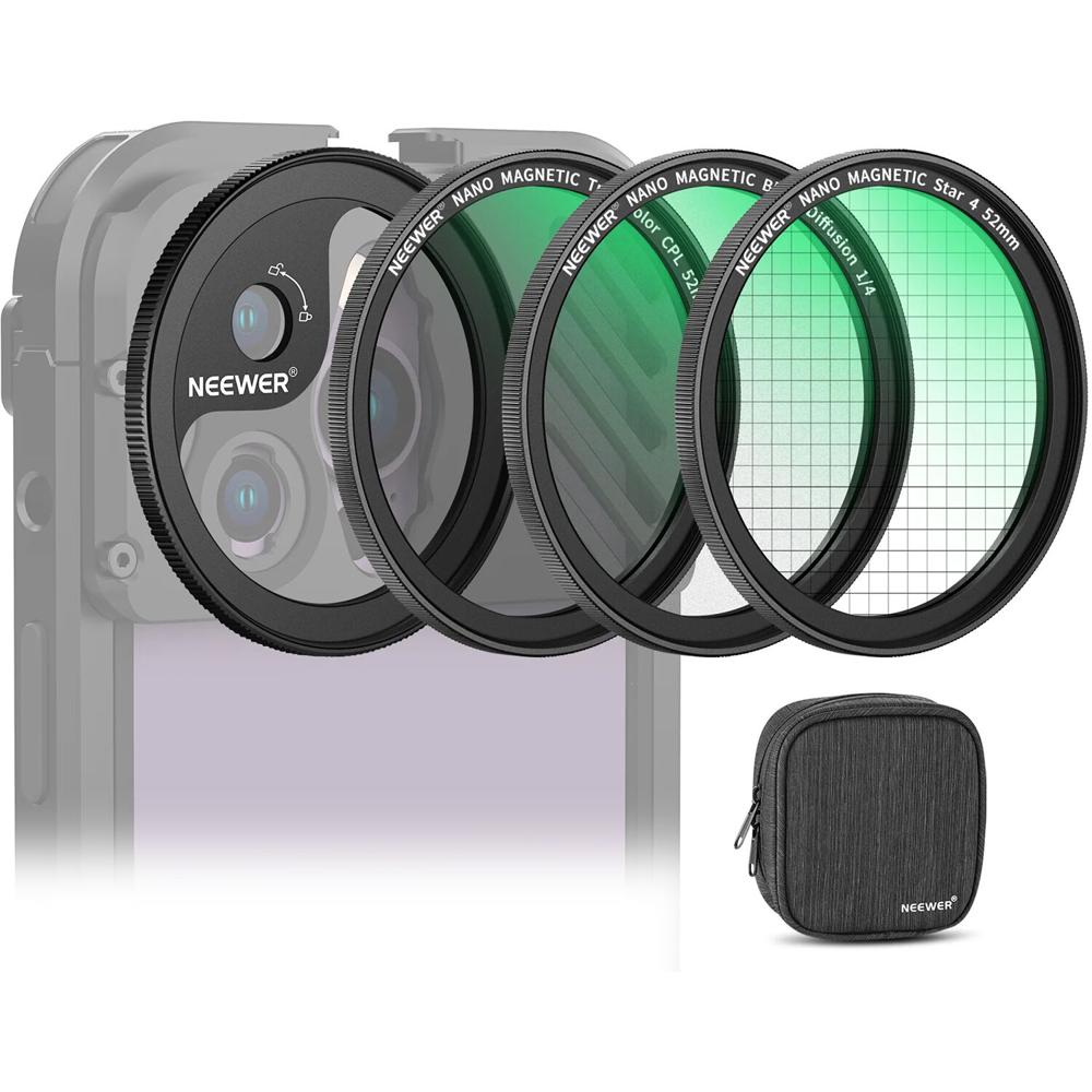 Filtros Magnéticos Neewer (52mm) - Incluye Filtro CPL de Color Verdadero, Filtro de Difusión Negro 1