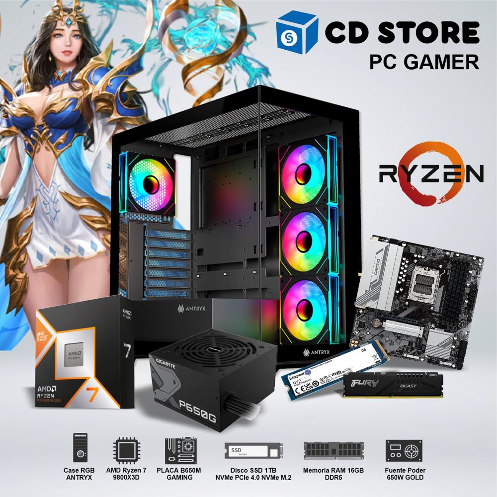 PC Gamer - RYZEN 7  9800X3D RAM 16GB SSD 1TB CASE RGB FUENTE GOLD 650W