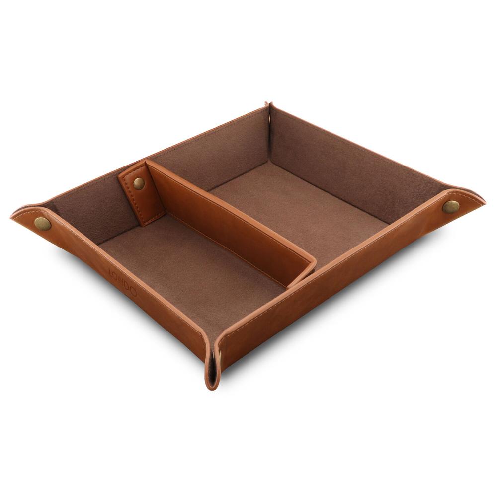 Bandeja Organizadora de Cuero Londo (2 Secciones, Marrón Claro) - Ideal para Mesas Laterales y Entra