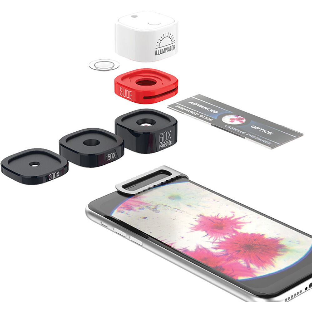 Set de Microscopio Modular 3 en 1 Konus para Smartphones - Lentes de 60x, 150x y 300x, Incluye 10 Po