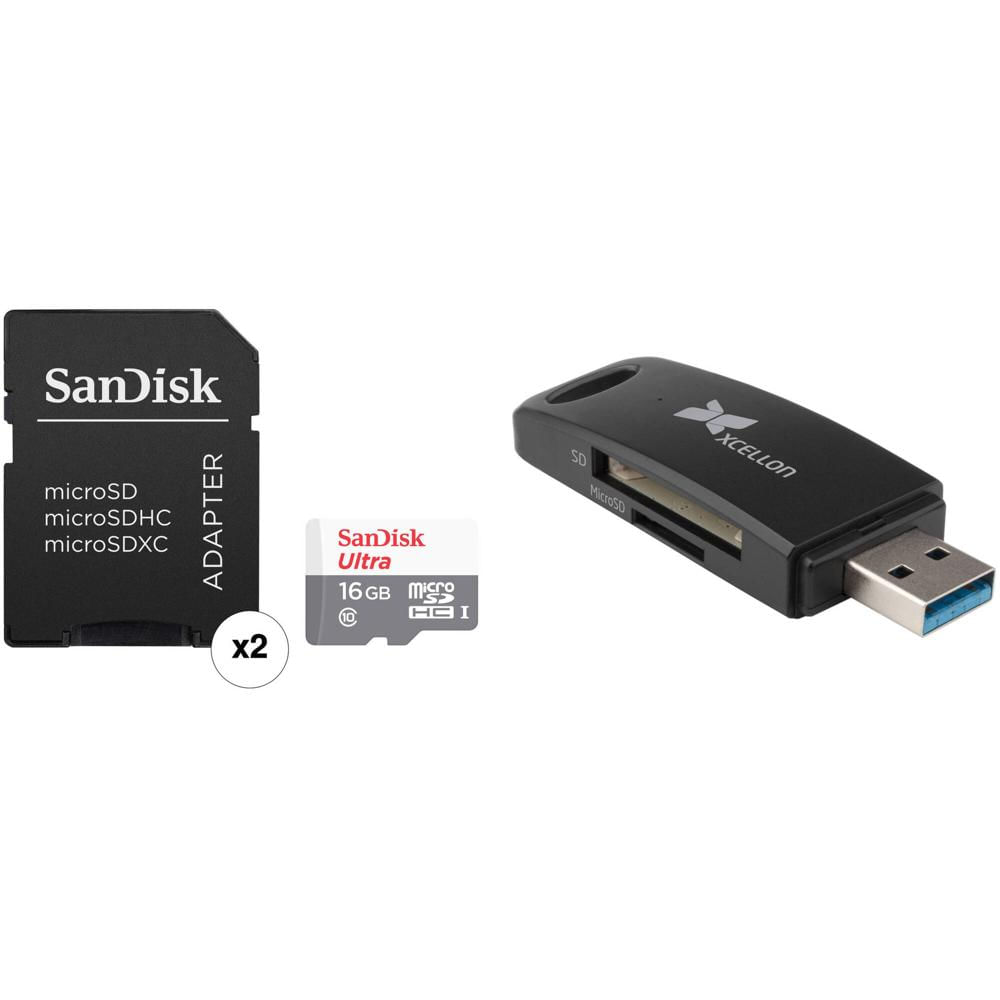 Tarjeta de Memoria SanDisk 16GB Ultra UHS-I microSDHC con Adaptador SD (Paquete de 2) y Lector de Ta