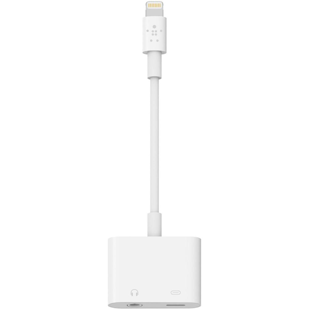 Adaptador Belkin RockStar 3.5mm Audio + Carga (Blanco) - Conector Lightning Doble, Carga y Audio Sim