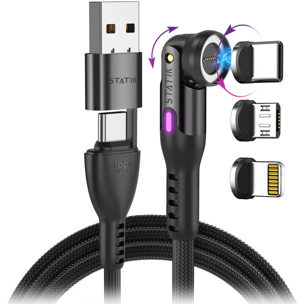 Cable de Carga Magnético Universal Statik 360 Pro 100W (6.6') - Conectores USB-C, Lightning y Micro-