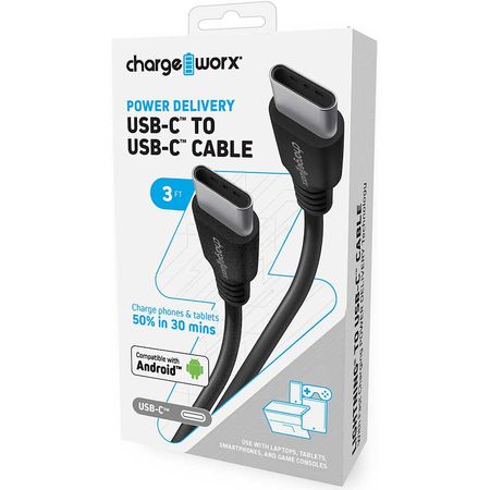 Cable USB Tipo-C Macho ChargeWorx Power Delivery (3', Negro) - Conectores Macho en Ambos Extremos, 6 1695446-REG