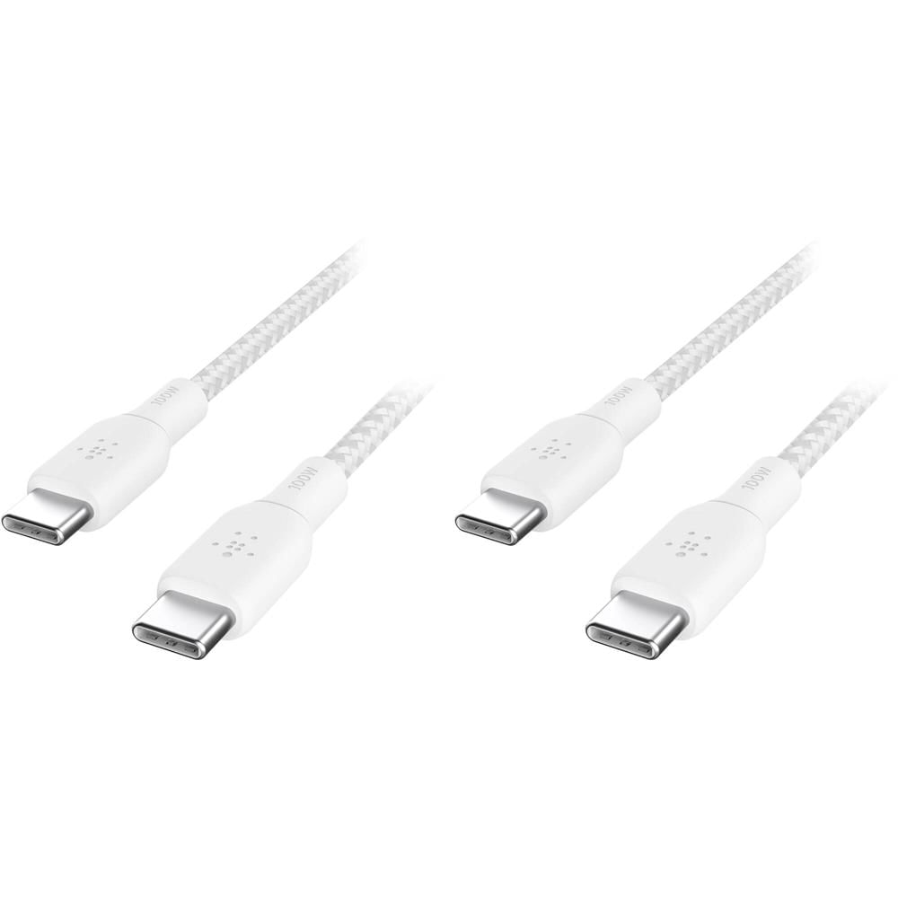 Cable trenzado Belkin USB-C a USB-C de 100W (2-Pack, 6.6 pies, Blanco)