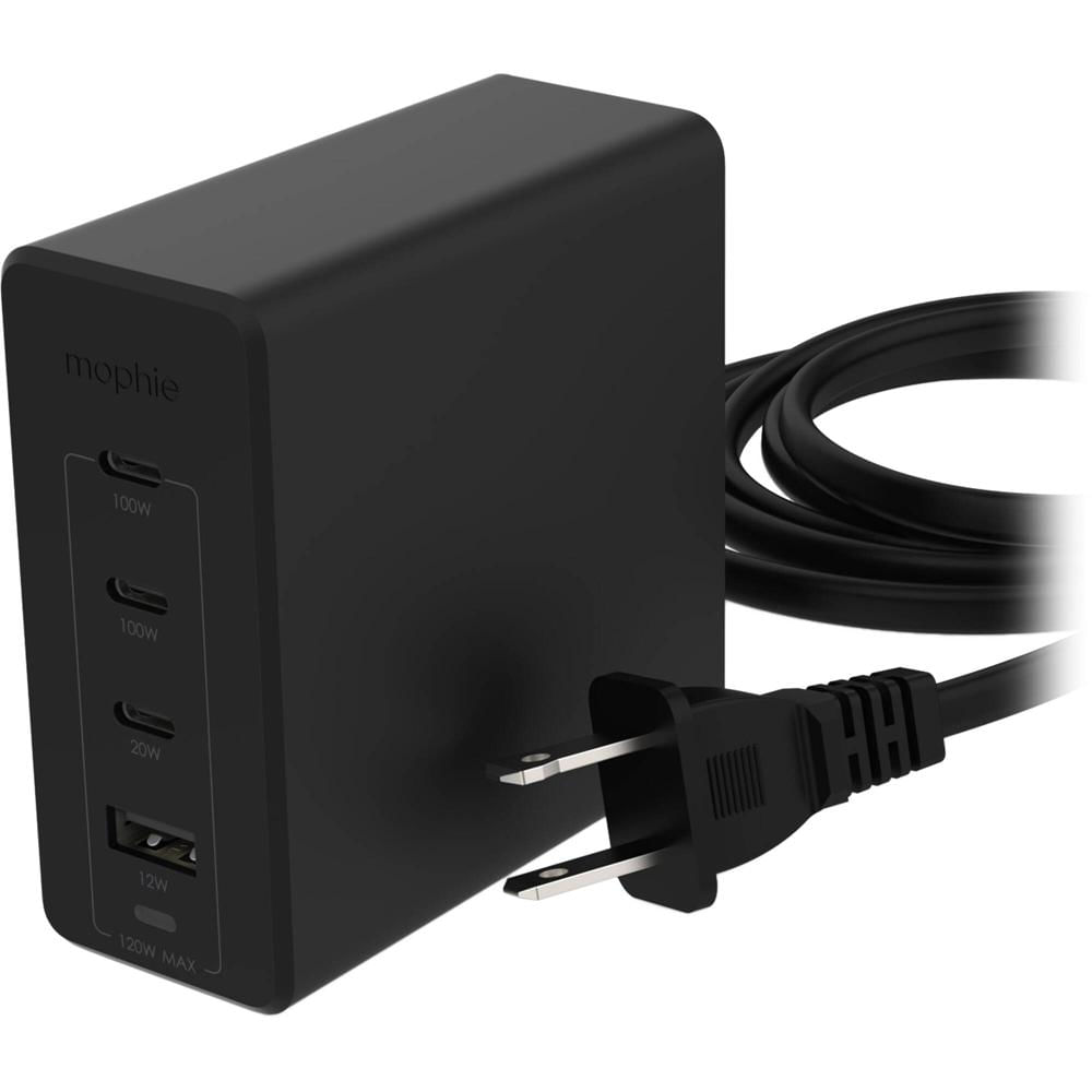 Cargador de Pared mophie Speedport 120W GaN con 4 Puertos USB-C/USB-A (Negro) - Diseño Off-Wall, 120