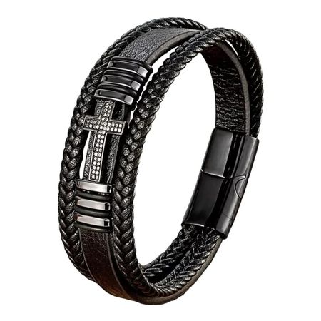 Pulsera De Cuero CRUZ Plateada 21 cm