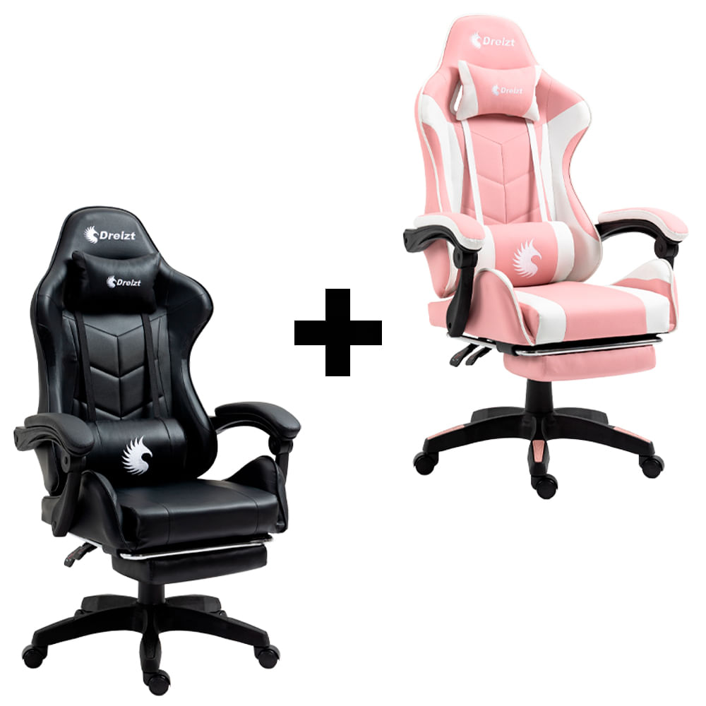 Combo 2 Sillas Gamer Dreizt Shine Series Negro- Rosado Reclinable Posapies