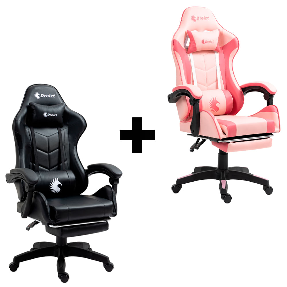 Combo 2 Sillas Gamer Dreizt Shine Series Negro- Rosado caramelo Reclinable Posapies