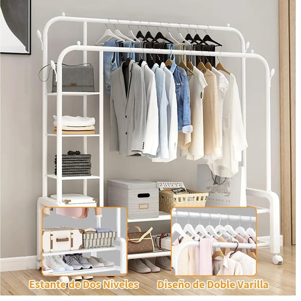 PERCHERO DOBLE BARRA CON ESTANTES LATERALES - COLOR ALEATORIO 1.20 x 1.60