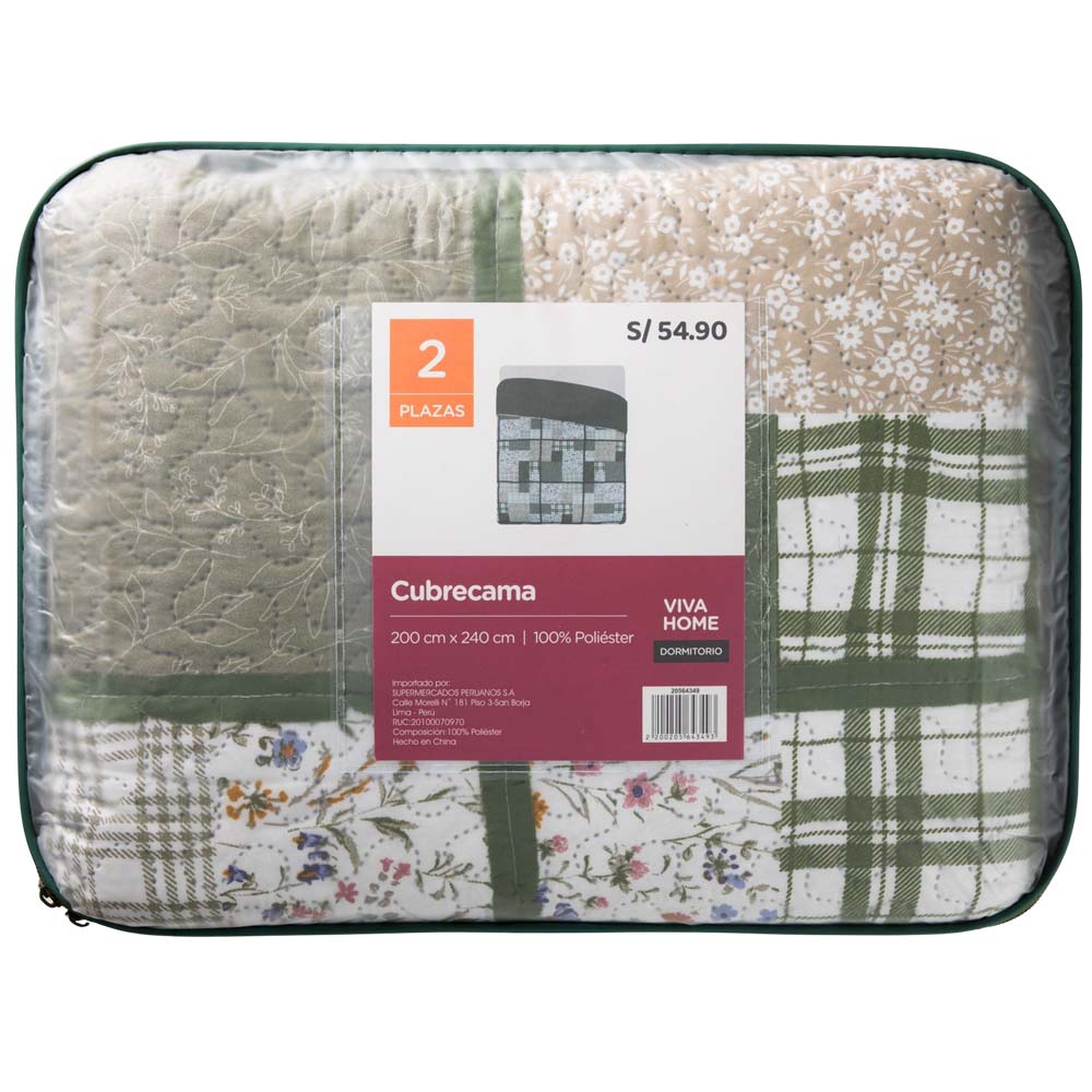 Cubrecama Patchwork 2 Plazas Verde Líneas y Flores VIVA HOME