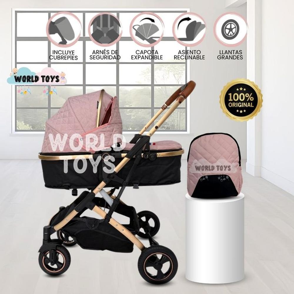 Coche Moisés de Lujo con Mochila Pañalera GOLDEN II Pink