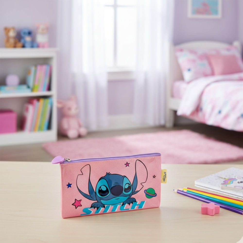 Cartuchera Plastificada de Stitch Rosado Escarchado