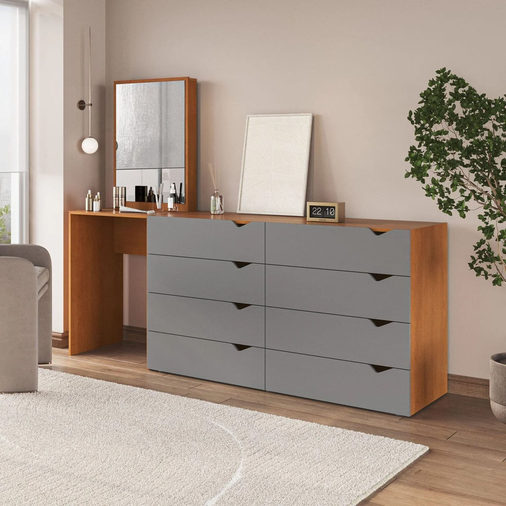 Cómoda con Tocador Moderno Maple 8 Cajones Marrón y Plomo RR MUEBLES