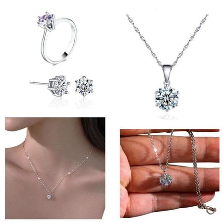 Pack Joyas Shiny Crystal Collar Aretes y Anillo Regalo Dia de la Madre Plateado