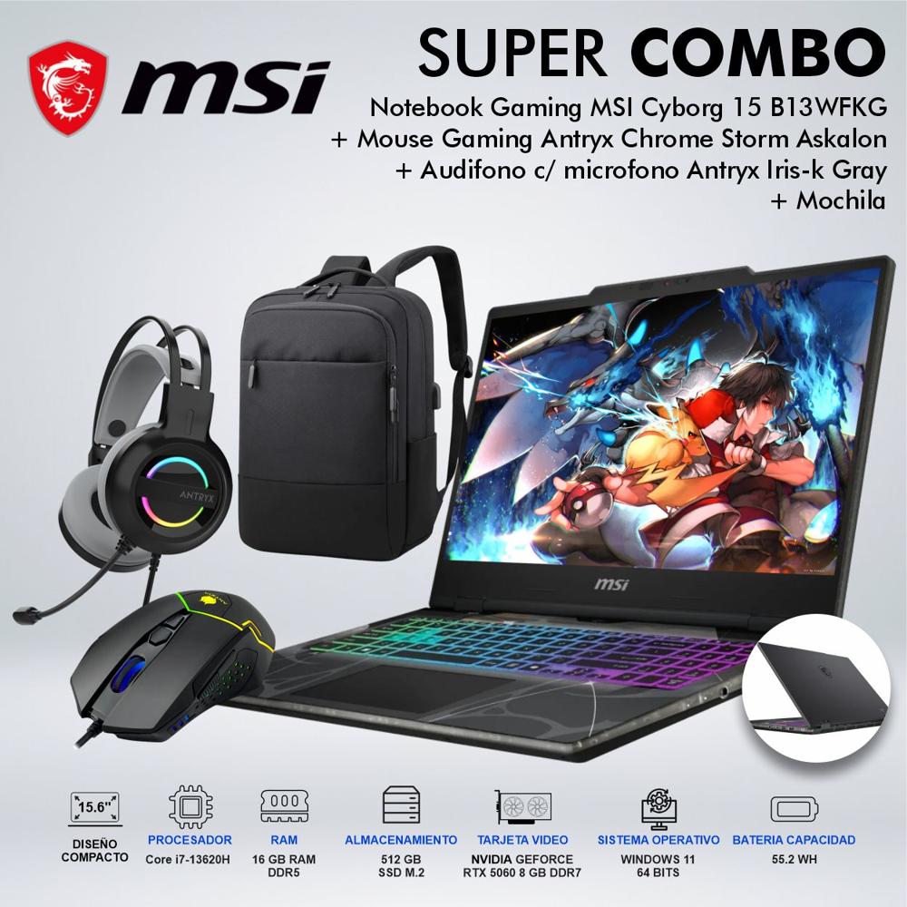LAPTOP GAMING MSI CYBORG 15 B13WFKG INTEL CORE i7-13620 MEMORIA 16GB DDR5 DISCO 512GB