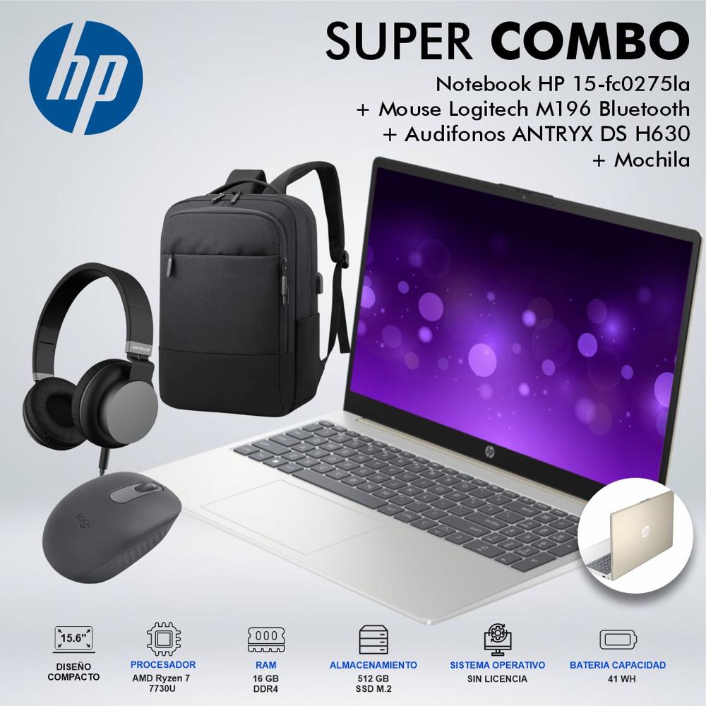 LAPTOP HP 15-FC0275LA AMD RYZEN 7 7730U MEMORIA 16GB DDR4 DISCO 512GB SSD M2 B9TR3LAABMCDSPE