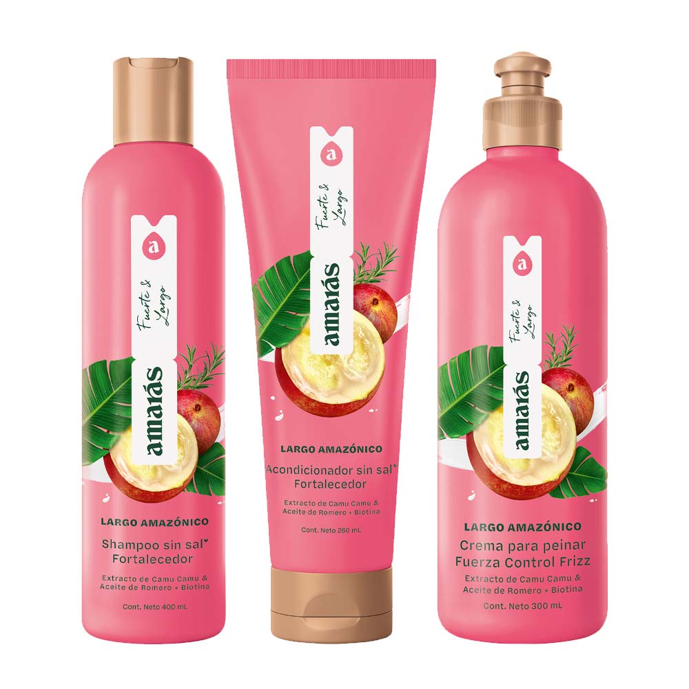 Pack AMARÁS Largo Amazónico Fortalecedor: Shampoo sin Sal Pote 400ml + Acondicionador sin Sal Frasco 260ml + Crema para Peinar Pote 300ml