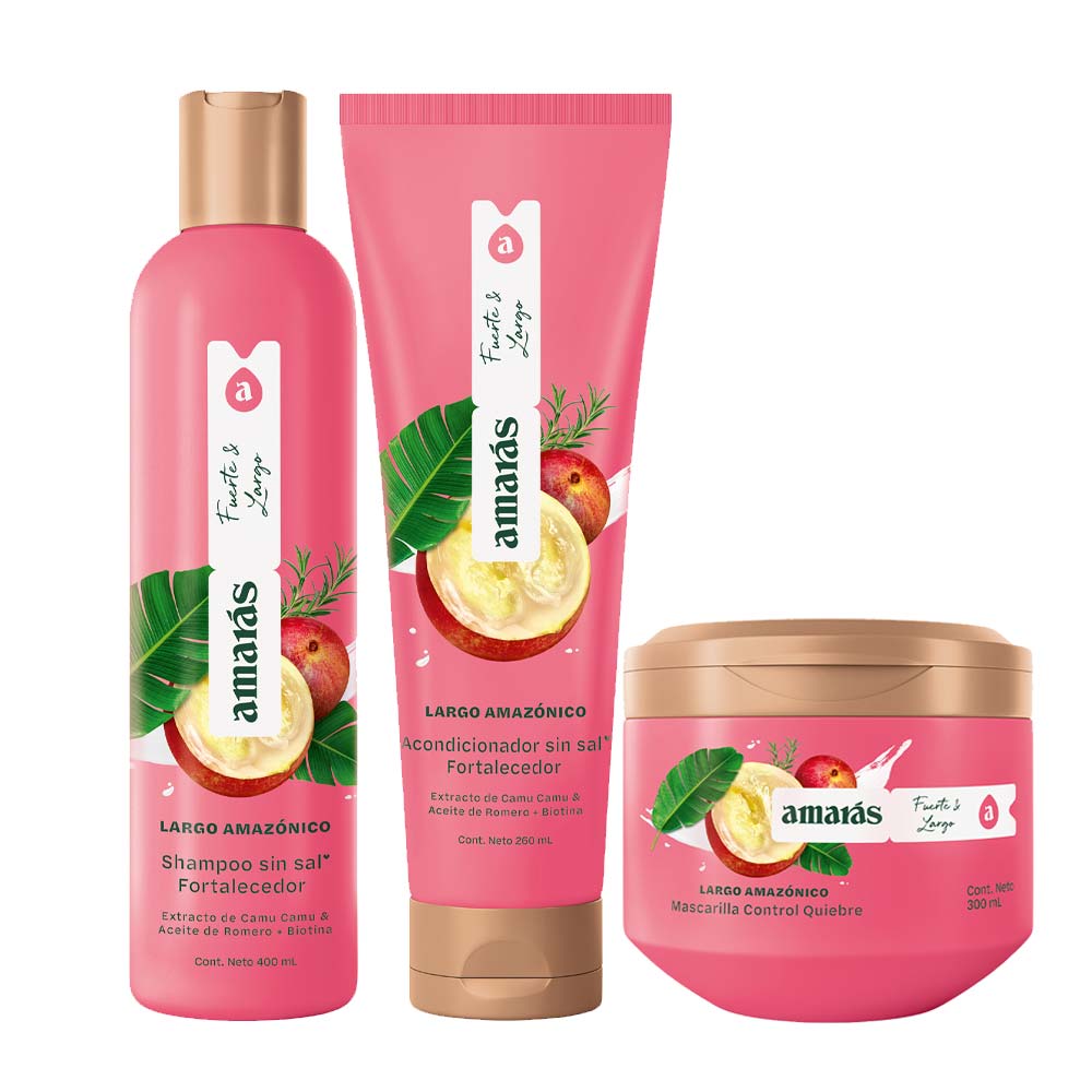 Pack AMARÁS Largo Amazónico Fortalecedor: Shampoo sin Sal Pote 400ml + Acondicionador sin Sal Frasco 260ml + Mascarilla Capilar Pote 300ml