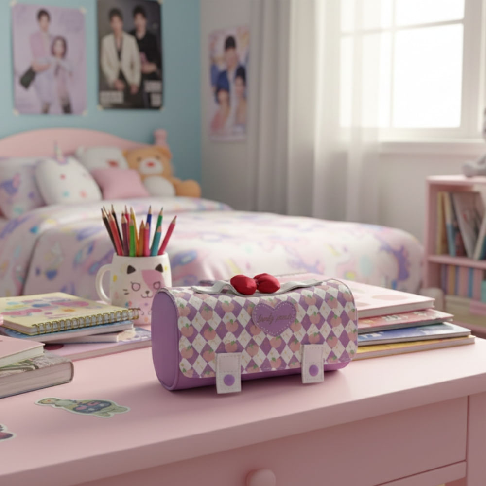 Cartuchera de Alta Gama con Cuadros Lila con Bordados de Melocotón