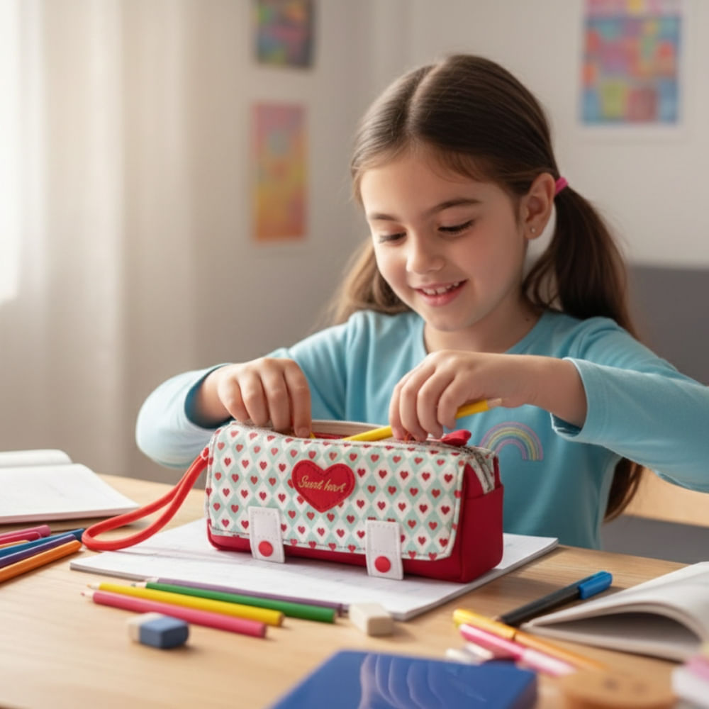 Cartuchera de Alta Gama a Cuadros Turquesa con Bordados de Corazón