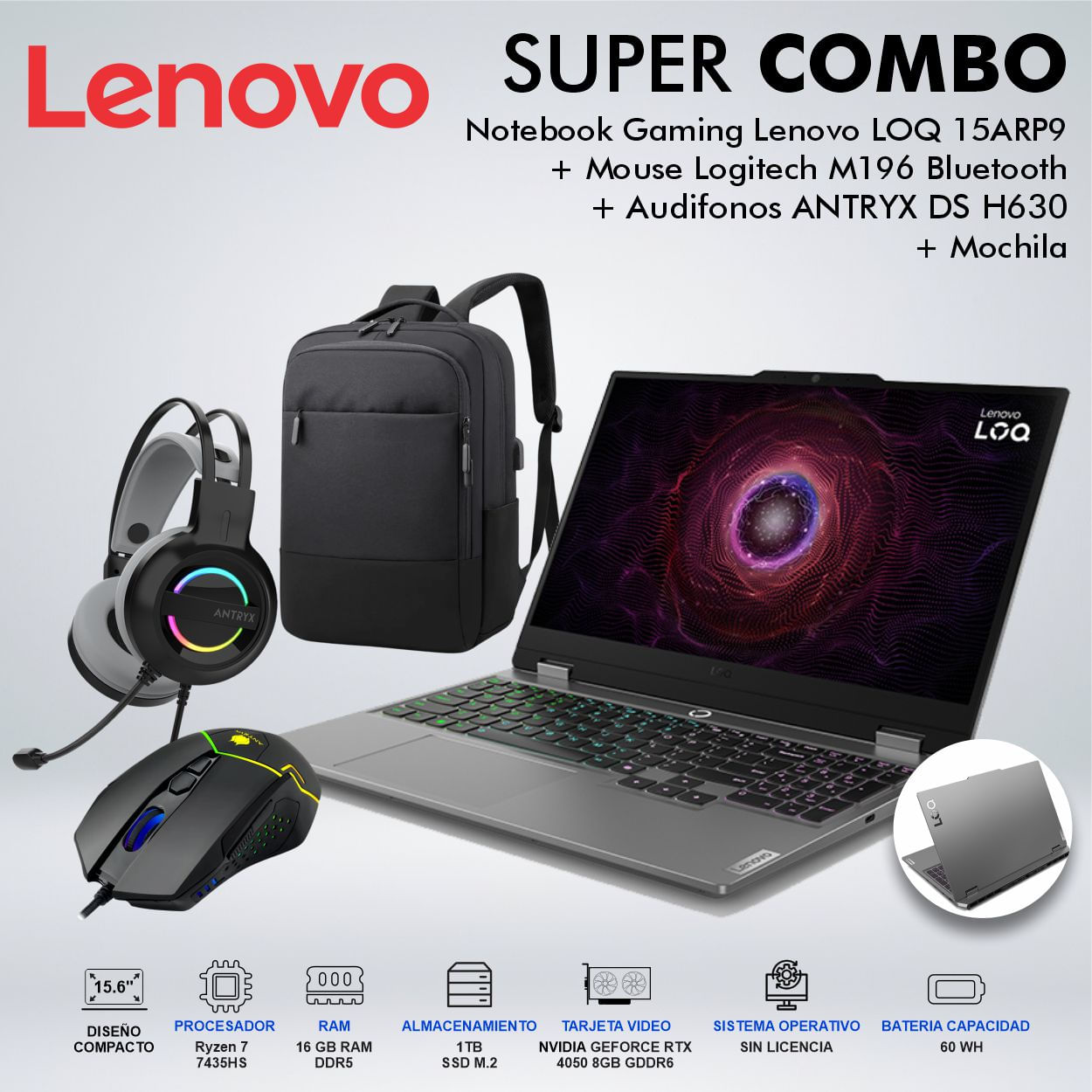 LAPTOP GAMING LENOVO LOQ 15ARP9 RYZEN 7 7435HS MEMORIA 16GB DISCO 1TB 83JC00MNLMCDSPE