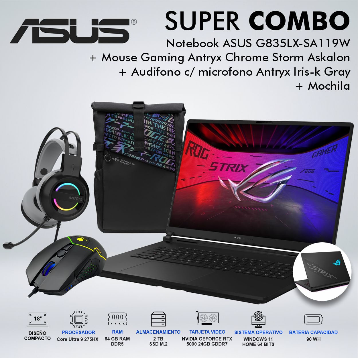 LAPTOP GAMING ASUS G835LX-SA119W CORE ULTRA 9 275HX MEMORIA 64GB DISCO 2TB 90NR0LF1M008B0CDSPE