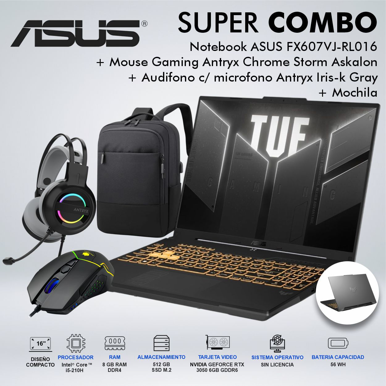 LAPTOP ASUS FX607VJ-RL016 CORE 5 210H HASTA 4.8GHZ MEMORIA 8GB DISCO 512GB SSD M.2 90NR0MZ6M000P0
