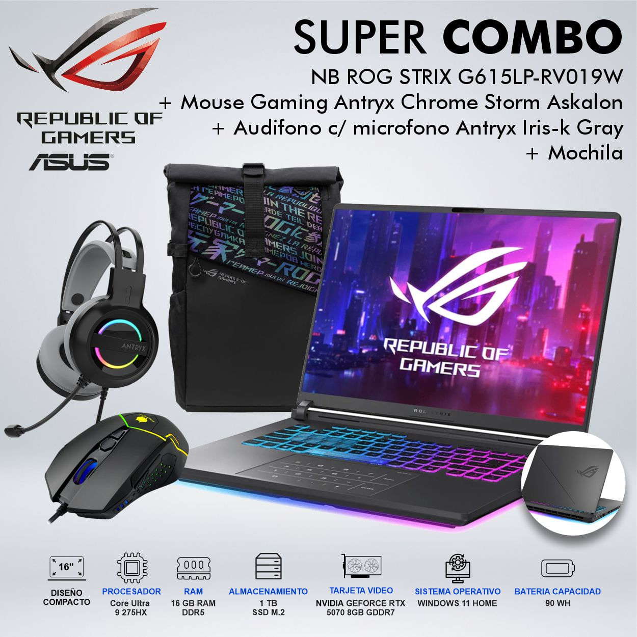 LAPTOP ASUS ROG STRIX G615LP-RV019W Core Ultra 9 275HX MEMORIA 16GB DISCO 1TB SSD M.2 90NR0LN1M000N0