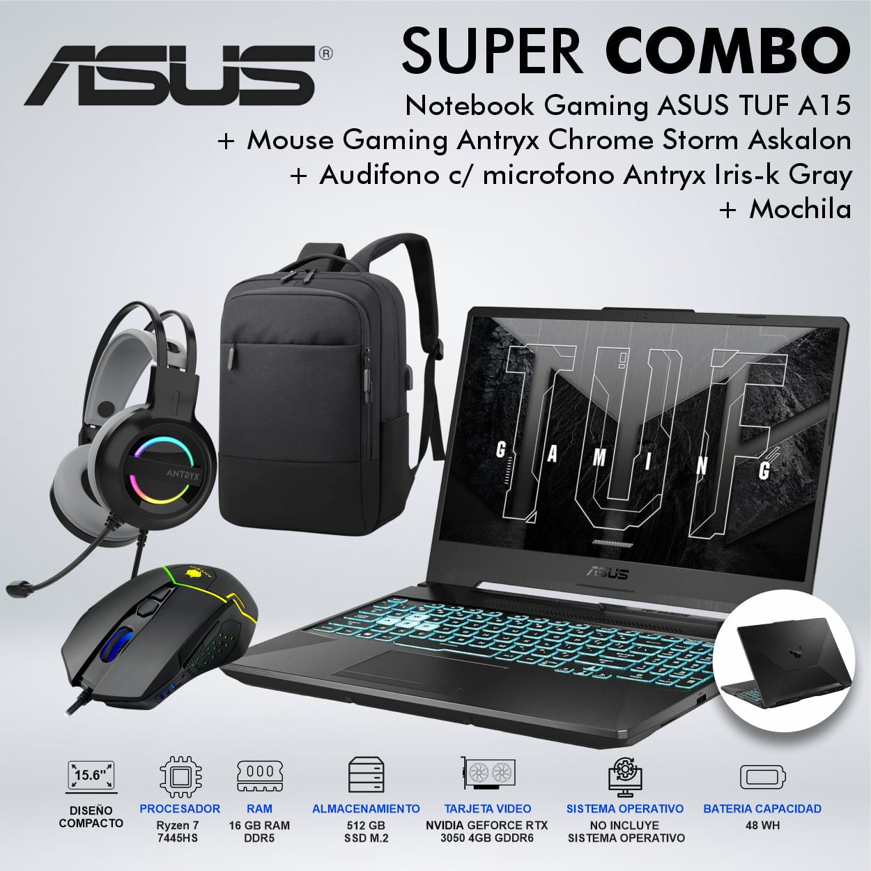 LAPTOP GAMING ASUS TUF A15 RYZEN 7 7445HS MEMORIA 16GB DISCO 512GB 90NR0JF7M00F40CDSPE