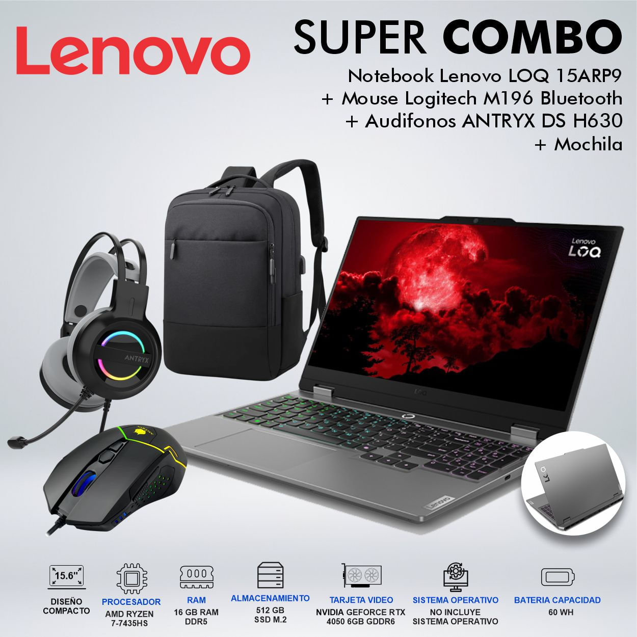 LAPTOP LENOVO GAMING LOQ 15ARP9 RYZEN 7 7435HS MEMORIA 16GB DISCO 512GB   83JC00MMLM