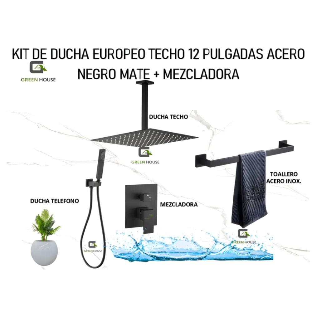 KIT DE DUCHA TEUROPEO TECHO 12 PULGADAS ACERO NEGRO MATE