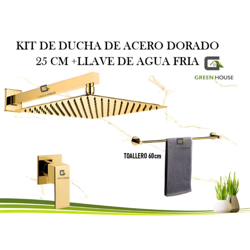 KIT DE DUCHA 10 PULGADAS DORADO BRILLANTE CON LLAVE AGUA FRIA
