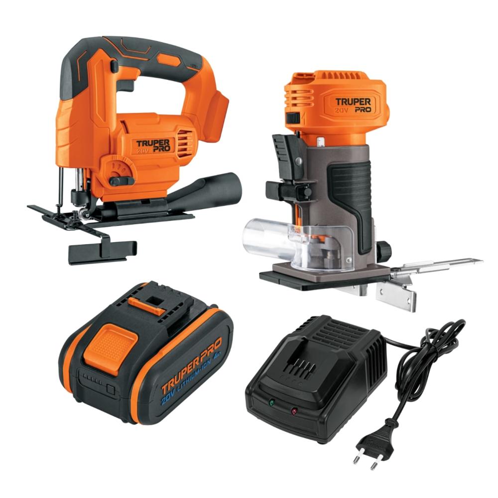 Ruteadora + Sierra Caladora 20V + 1bat 4ah + cargador Truper 103262-103260-103009-12336