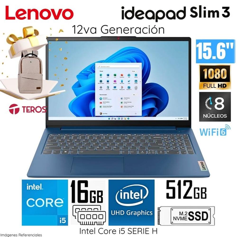 Laptop Lenovo IDEAPAD SLIM 3 Intel Core i5 12450H 16GB RAM 512GB SSD 15IAH8 83ER001DLM-Mochila Teros